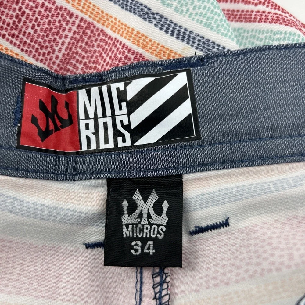 MICROS Shorts Men's 34 Multicolored Stripes Flat Front Lightweight Small Hole